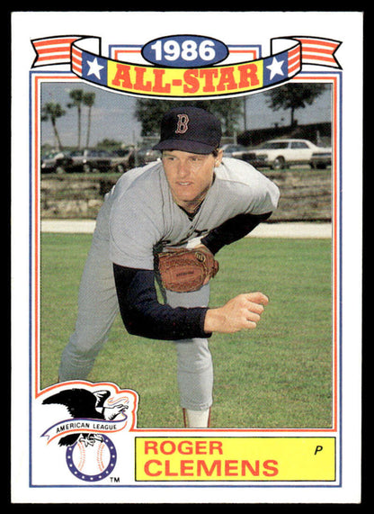 1986 All-Star baseball card of Roger Clemens in pitching stance for Red Sox fans