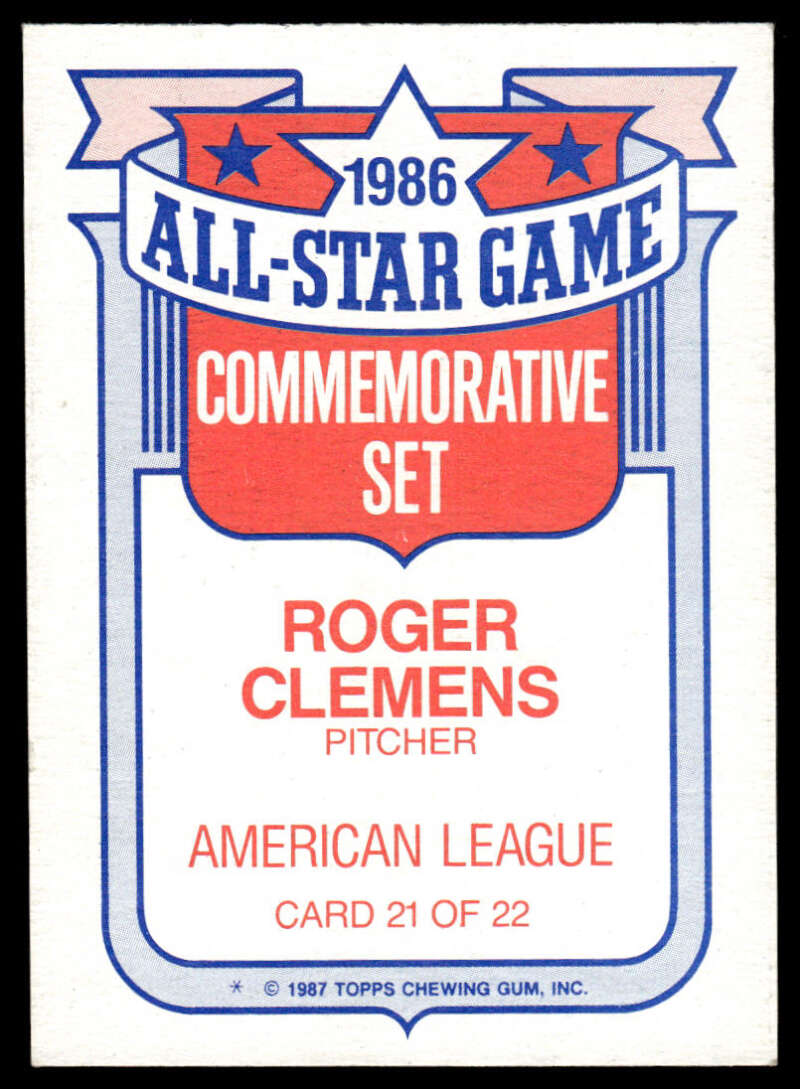 1987 Topps #21 Roger Clemens EX/NM Baseball Card for Red Sox All-Star Game 1986