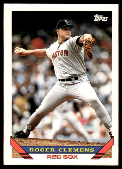 Roger Clemens mid-pitch delivery in Boston Red Sox uniform on 1993 Topps baseball card