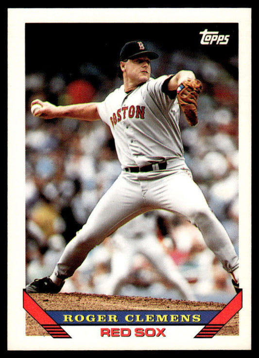 Roger Clemens mid-throwing on 1993 Topps Red Sox Baseball Card in white uniform