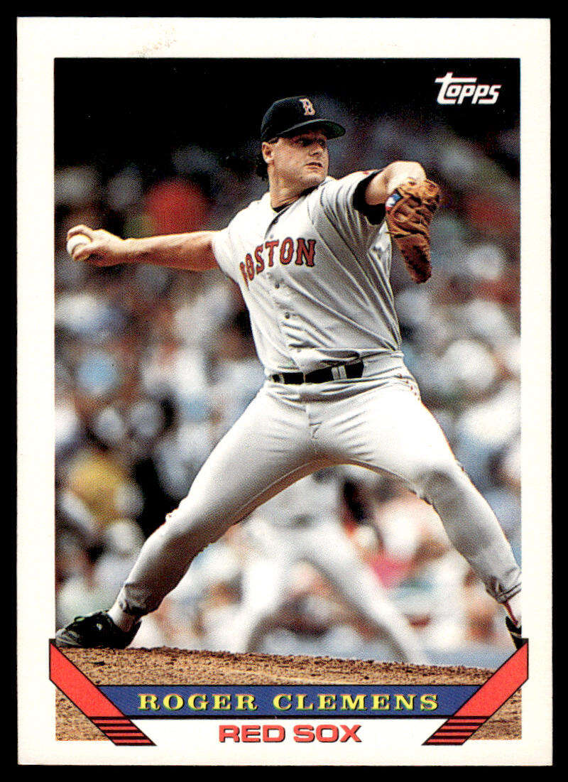 Roger Clemens mid-pitch in Red Sox uniform on a 1993 Topps baseball card