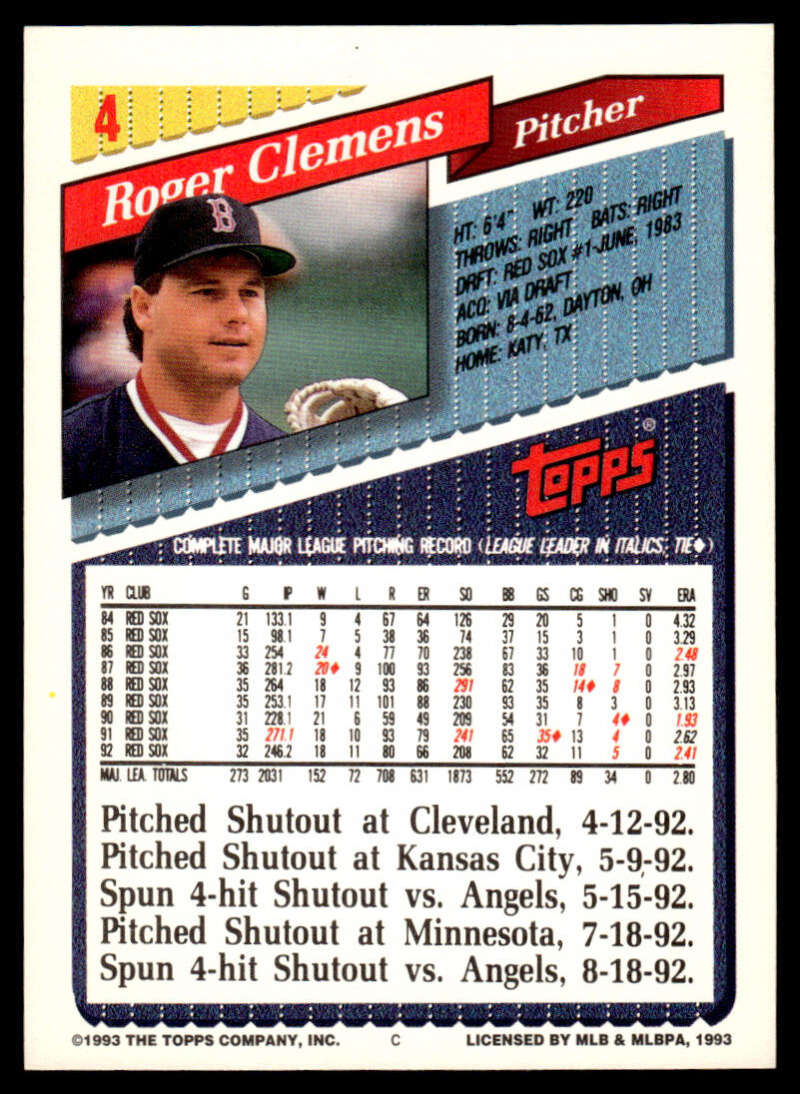 1993 Topps #4 Roger Clemens EX/NM Boston Red Sox Baseball Card featuring Houston Astros pitcher