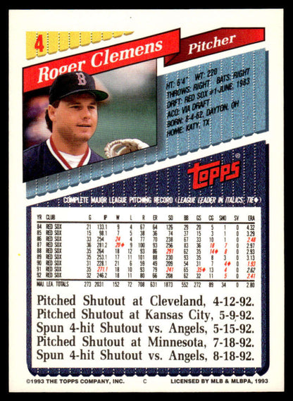 1993 Topps #4 Roger Clemens EX/NM Boston Red Sox Baseball Card featuring Houston Astros pitcher