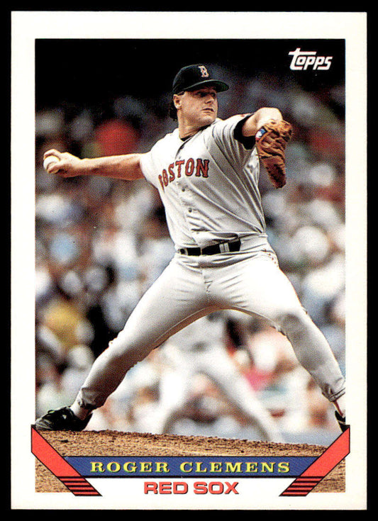 Baseball player Roger Clemens in Red Sox uniform mid-pitch delivery on baseball card