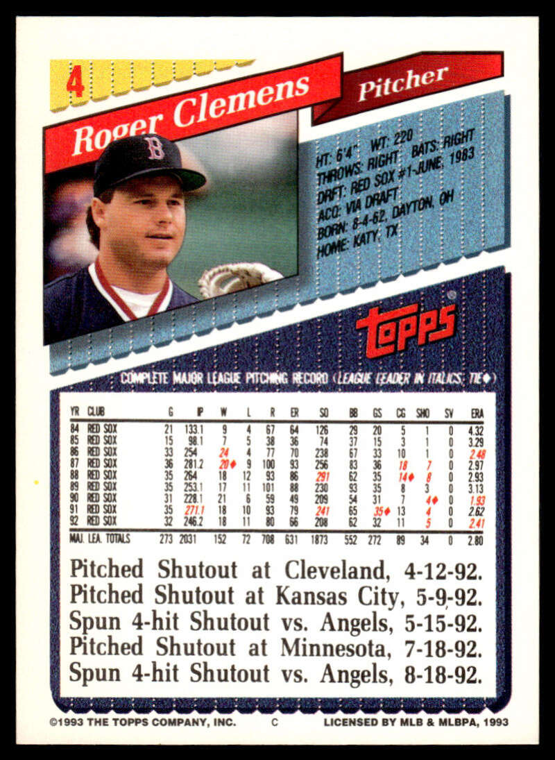 1993 Topps Roger Clemens Baseball Card featuring Boston Red Sox pitcher EX/NM condition