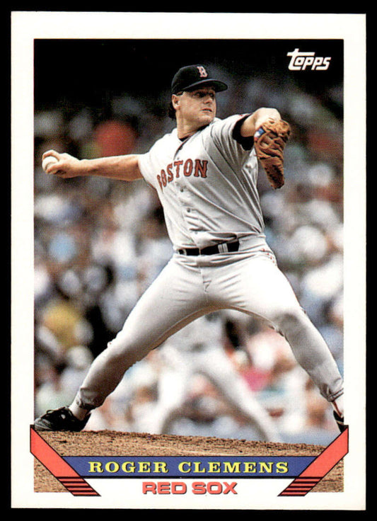 Roger Clemens in Boston Red Sox uniform mid-pitch on a baseball card