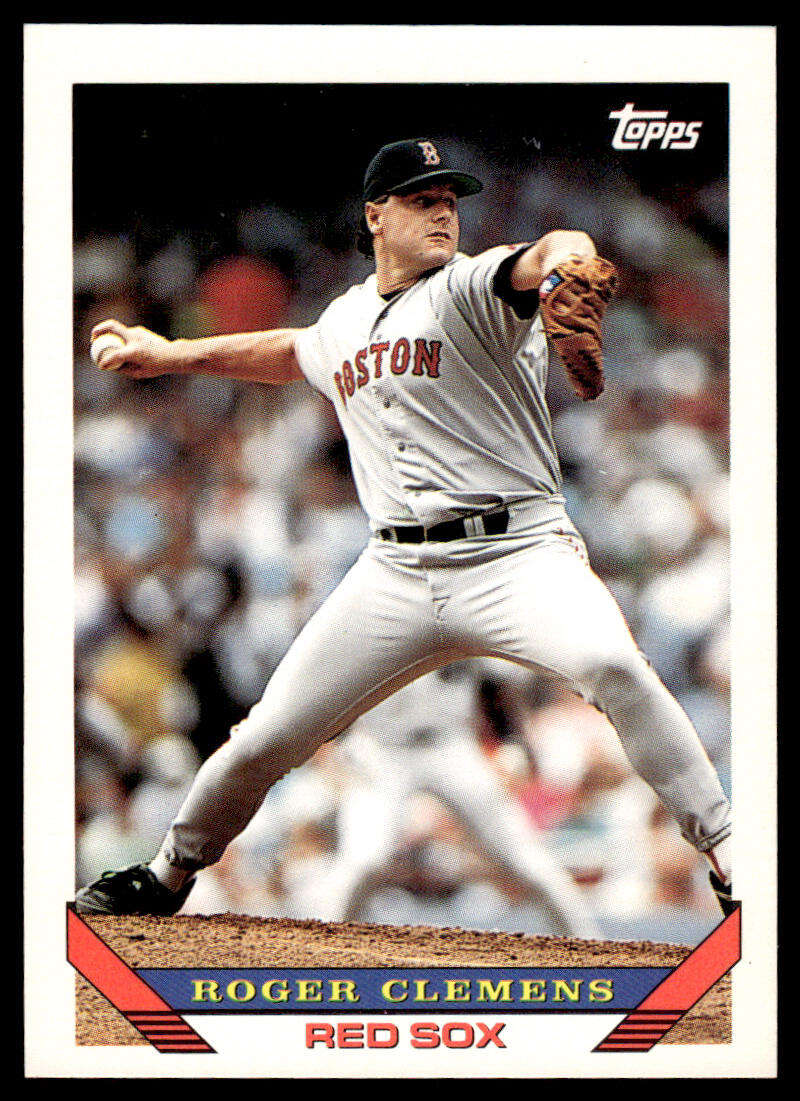 1993 Topps baseball card of Roger Clemens pitching for the Red Sox in white uniform