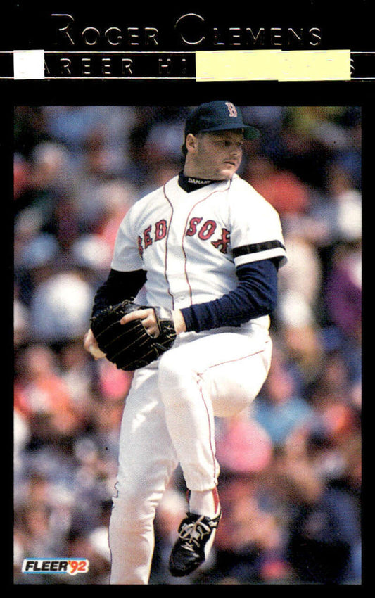 Baseball player in pitching stance wearing Boston Red Sox uniform, featuring Roger Clemens