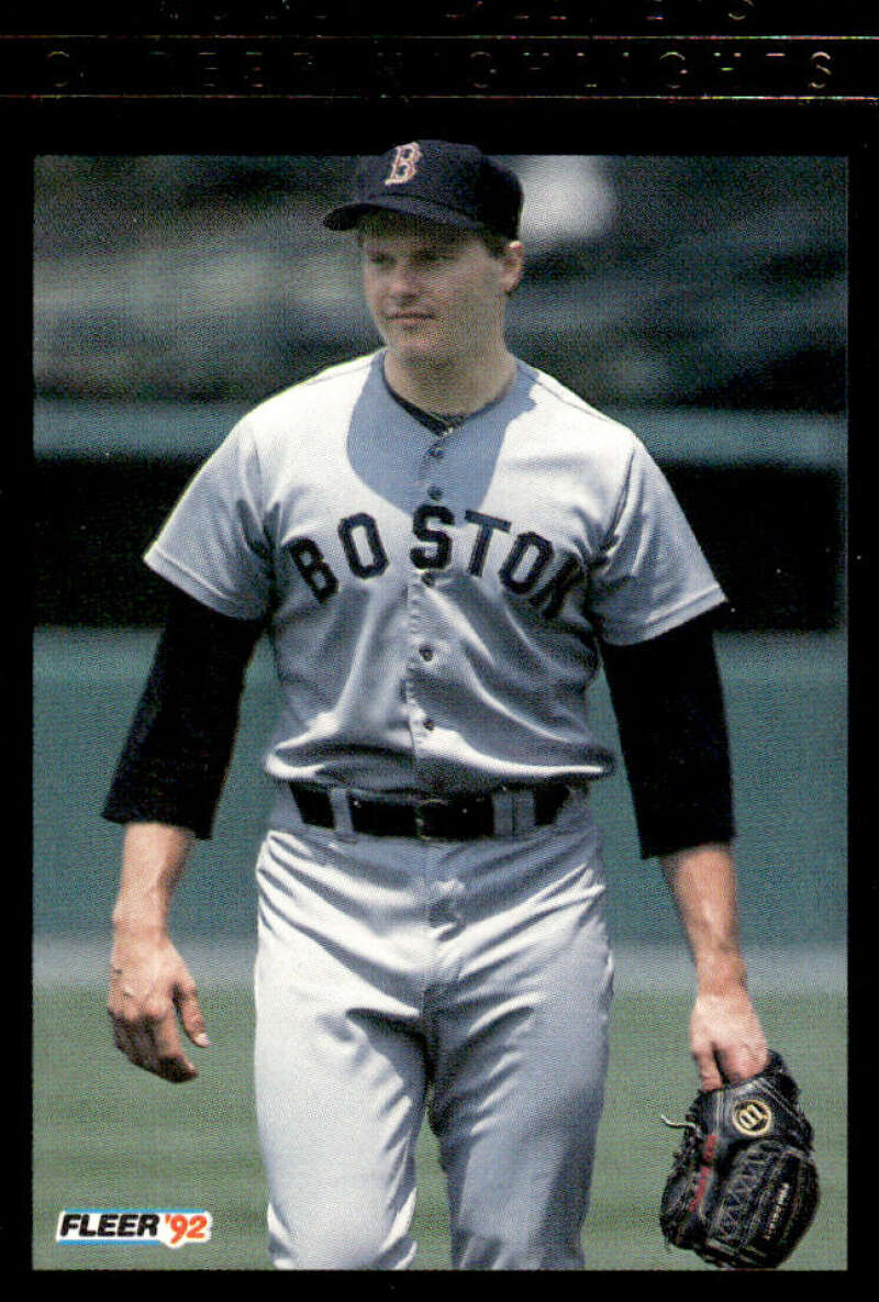 Boston Red Sox player Roger Clemens in road uniform with glove for 1992 Fleer baseball card