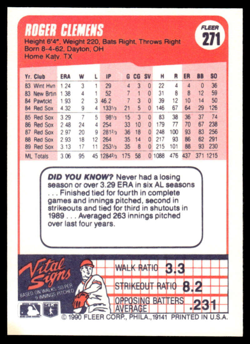 1990 Fleer #271 Roger Clemens Boston Red Sox Baseball Card with player statistics