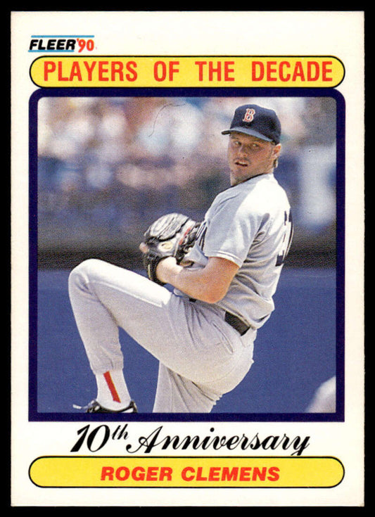 1990 Fleer #627 Roger Clemens Boston Red Sox card featuring pitcher mid-windup