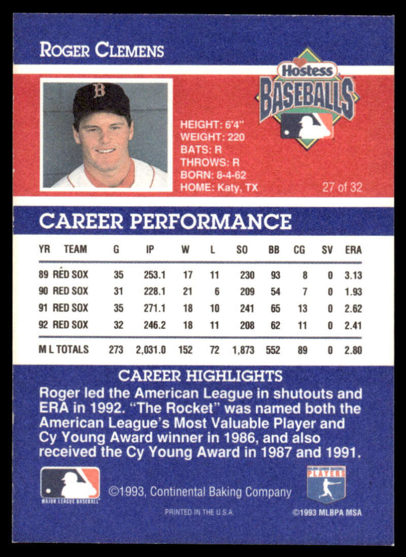 Baseball card of Roger Clemens in Boston Red Sox uniform and Detroit Tigers cap