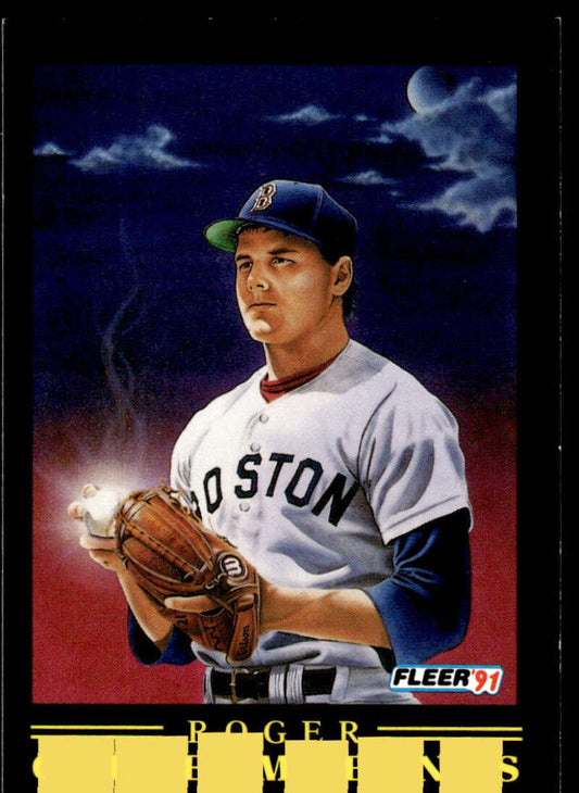 Boston Red Sox player Roger Clemens holding a glove in vintage baseball card image