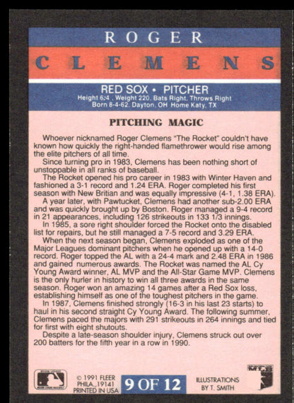 Baseball card of Roger Clemens showcasing Boston Red Sox in blue and orange text