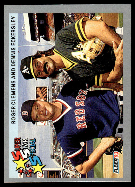 Baseball card showcasing Roger Clemens and Dennis Eckersley in Red Sox uniforms