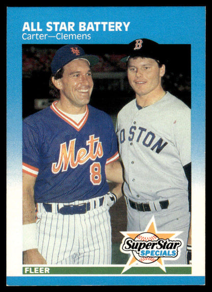 Vintage baseball card featuring Gary Carter and Roger Clemens from the Mets and Red Sox