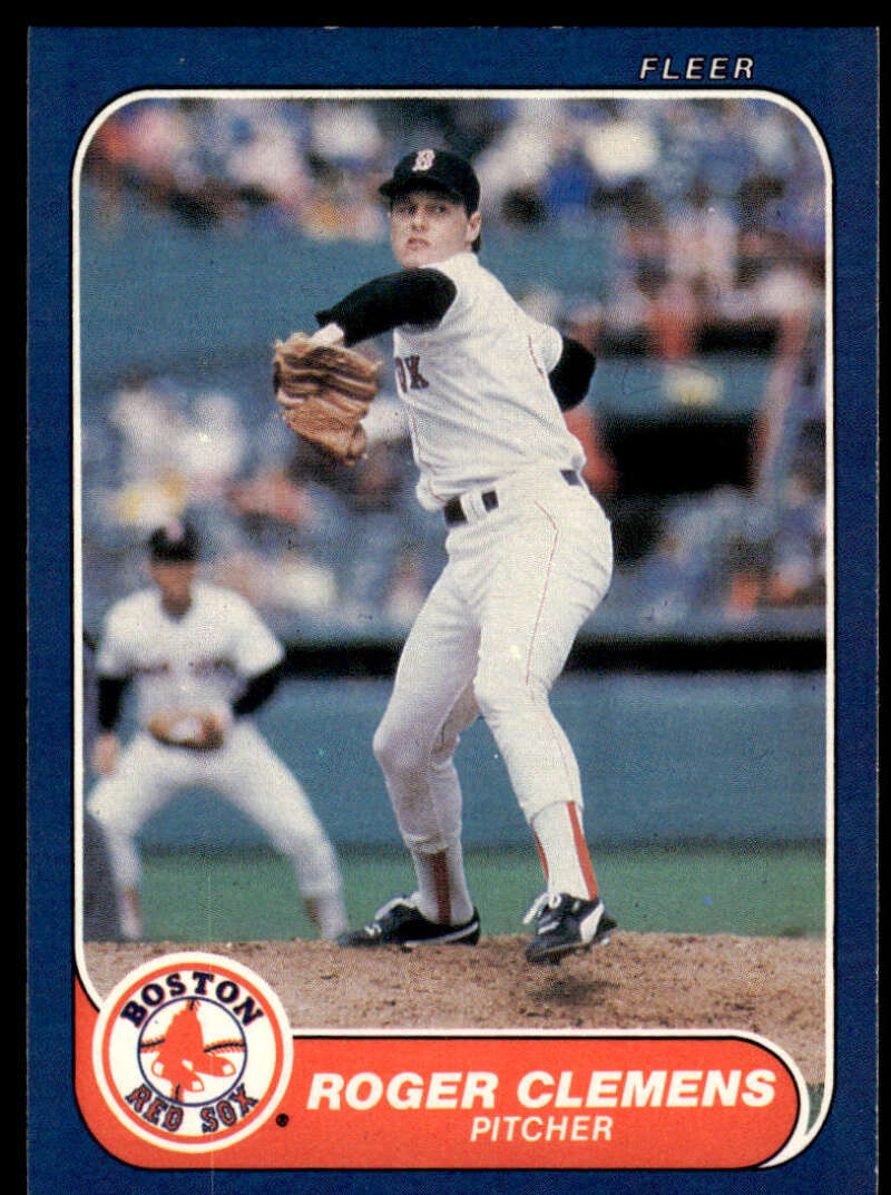 1986 Fleer Roger Clemens Baseball Card showcasing Red Sox pitcher mid-delivery on mound