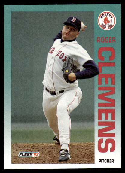 Boston Red Sox baseball card of Roger Clemens in mid-throw wearing home uniform