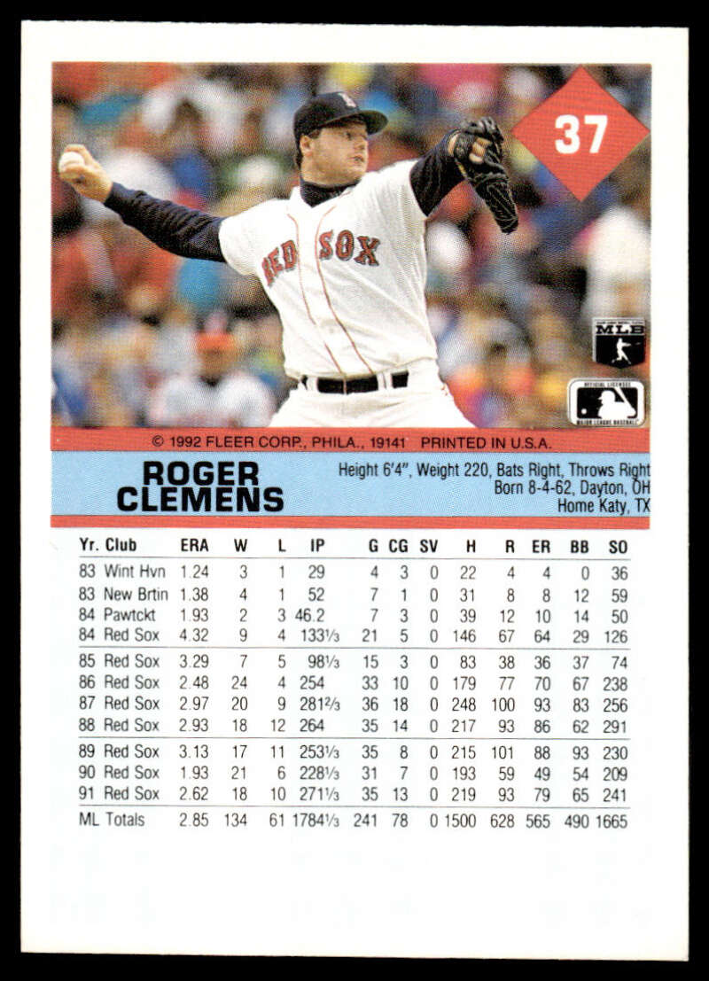 Baseball card of Boston Red Sox pitcher Roger Clemens in throwing motion wearing number 37