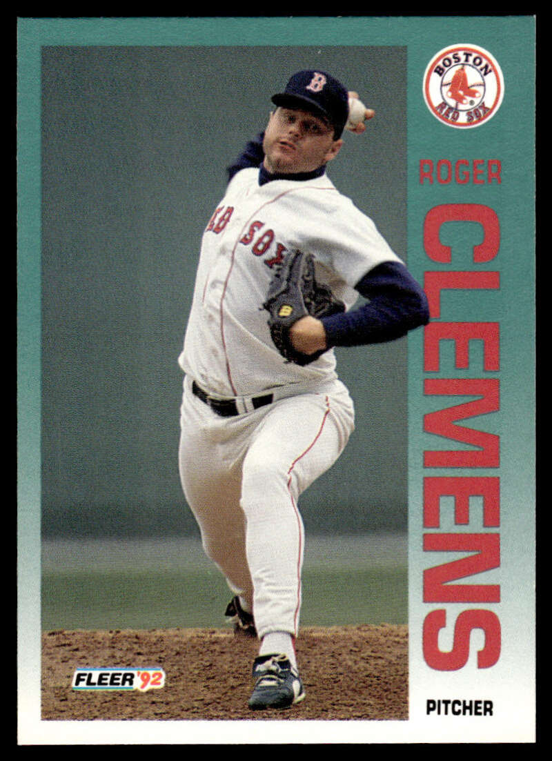 Baseball card of Roger Clemens pitching for the Red Sox in a white uniform