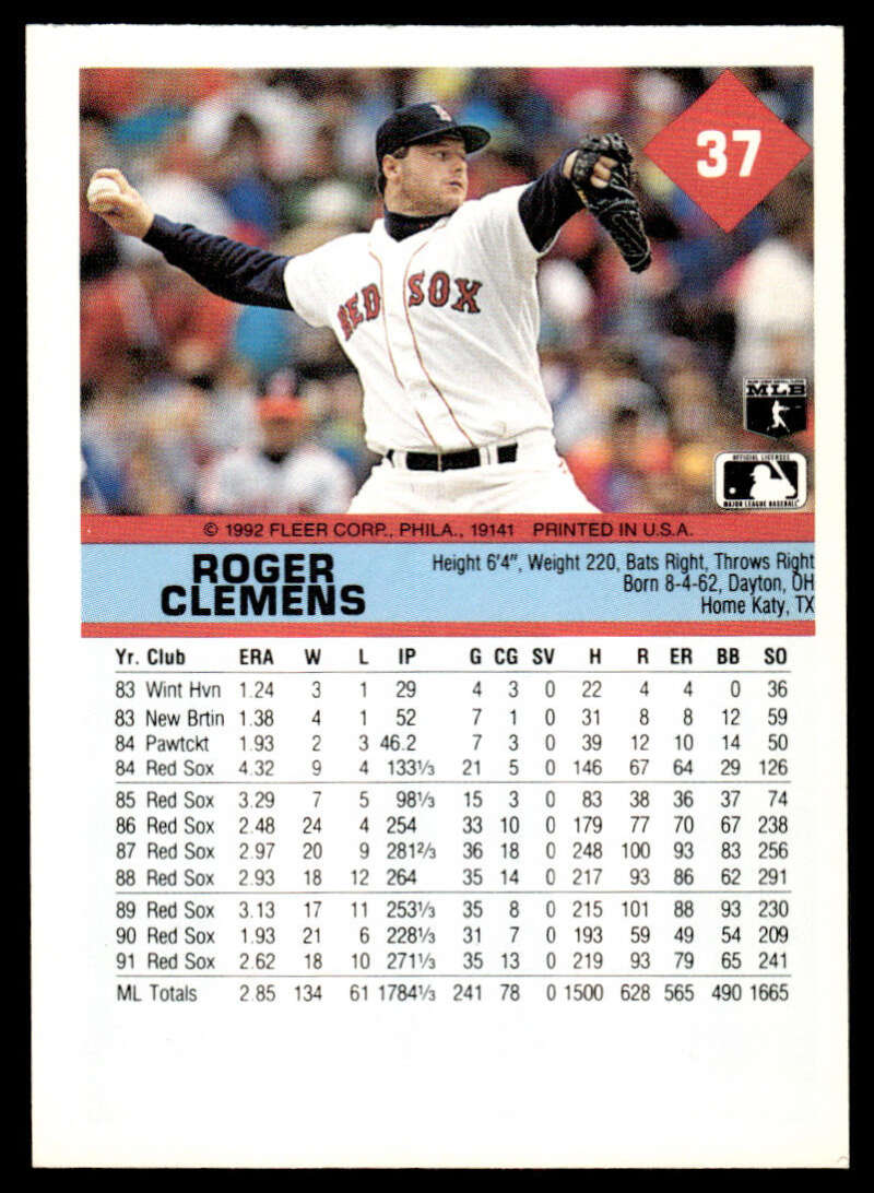 Red Sox baseball card of Roger Clemens in mid-throwing motion, 1992 Fleer #37