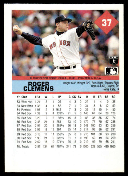 Red Sox baseball card of Roger Clemens in mid-throwing motion, 1992 Fleer #37