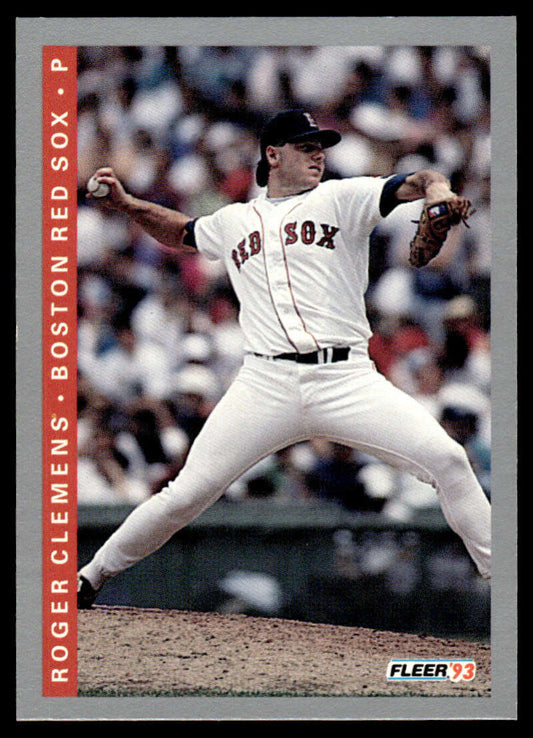 Boston Red Sox pitcher Roger Clemens delivering pitch in white home uniform baseball card