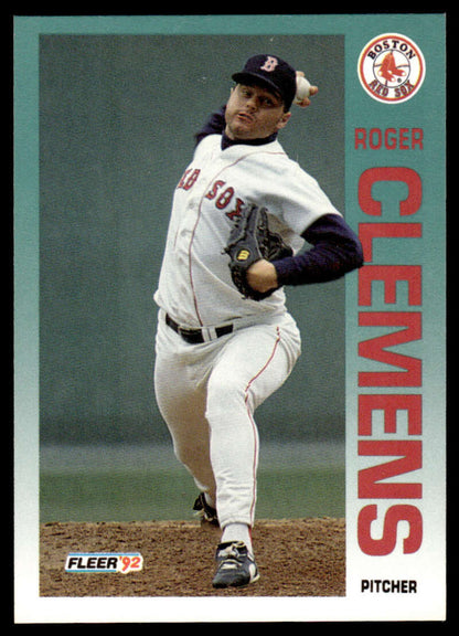 Baseball card featuring Roger Clemens in mid-throw for the Boston Red Sox