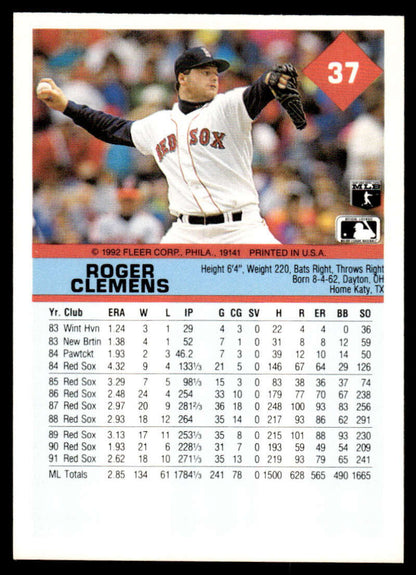 Baseball card of Roger Clemens pitching for Boston Red Sox, wearing number 37