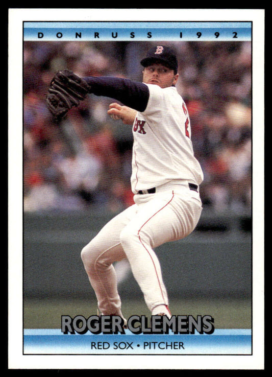 1992 Donruss Roger Clemens Red Sox baseball card of pitcher in mid-throwing motion