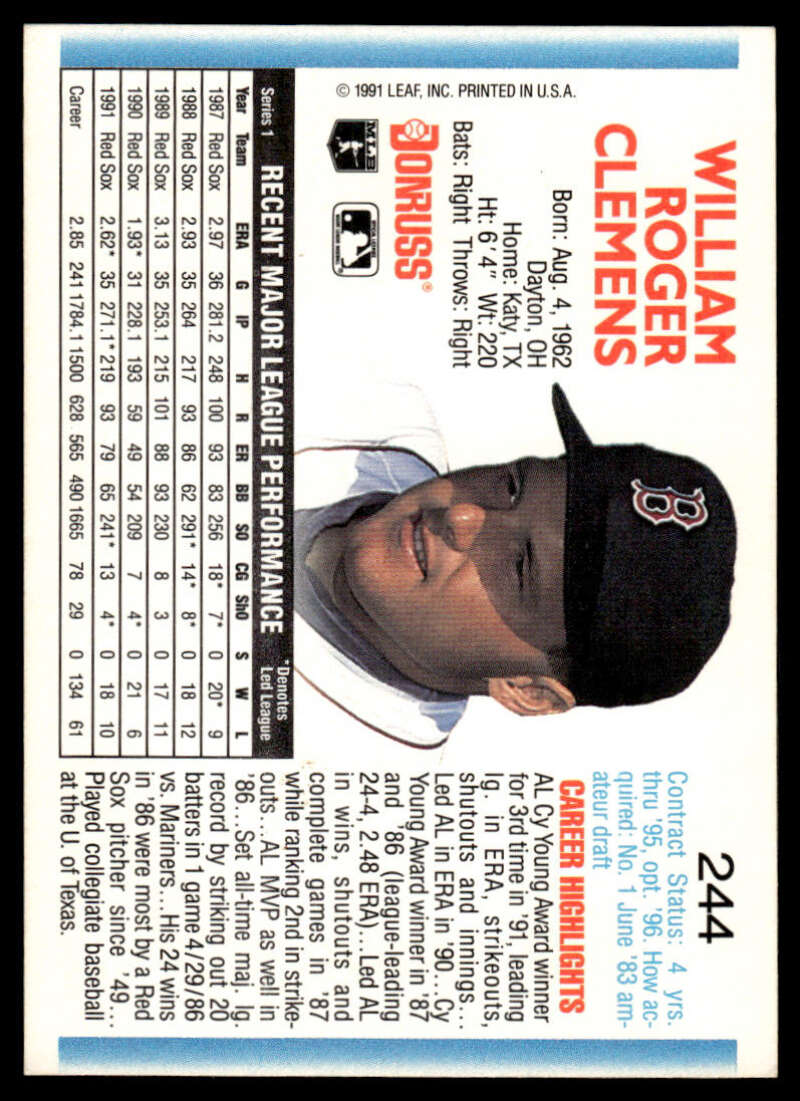 Baseball card of Roger Clemens, Boston Red Sox player in black cap with team logo