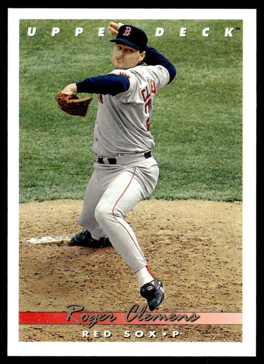 Baseball card of Boston Red Sox pitcher Roger Clemens in mid-throwing action