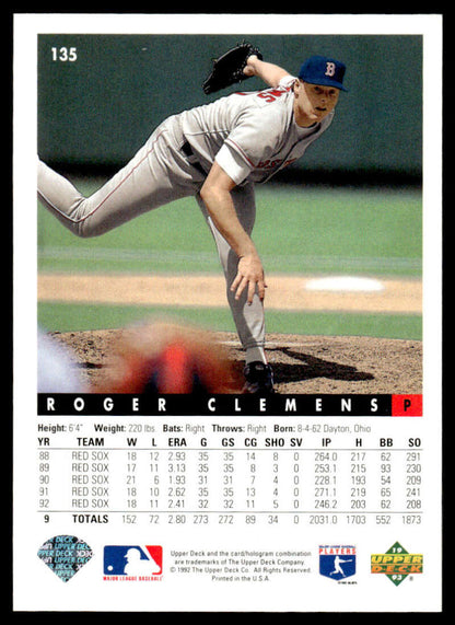 Baseball card of Roger Clemens in mid-delivery, Boston Red Sox road uniform