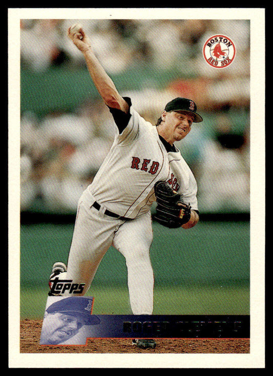 Baseball player in Boston Red Sox uniform delivering pitch, featuring Roger Clemens