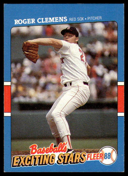 1988 Fleer Baseball Card of Roger Clemens in mid-throw for Boston Red Sox