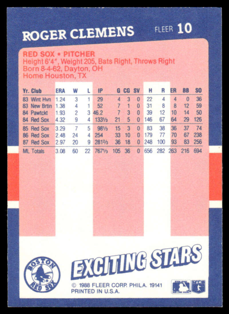 Baseball card featuring Roger Clemens from the Fleer Exciting Stars series, Red Sox