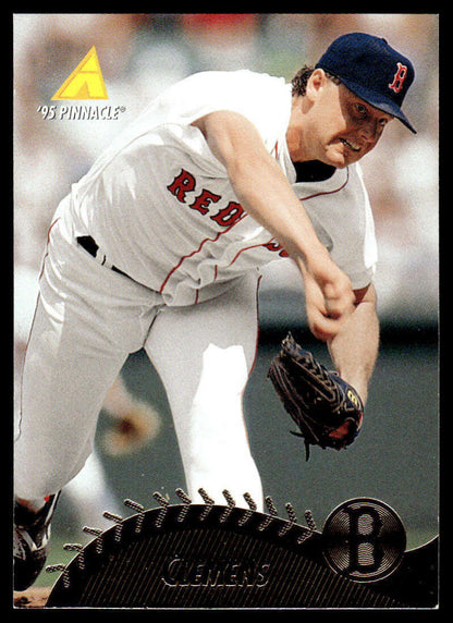 Roger Clemens delivering a pitch in Boston Red Sox uniform for baseball card