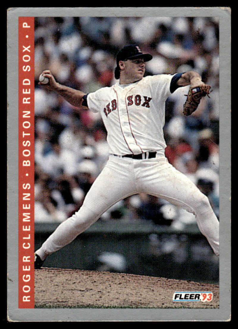 Roger Clemens delivering a pitch in Boston Red Sox uniform on a baseball card