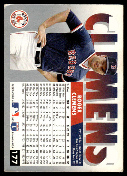 1993 Fleer Roger Clemens Baseball Card showcasing the Red Sox in navy blue uniform