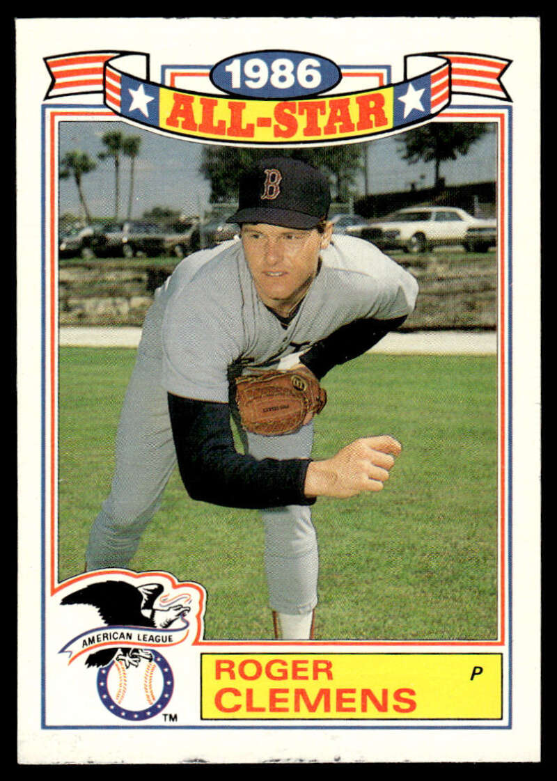 1986 Topps All-Star baseball card of Roger Clemens pitching for the Boston Red Sox