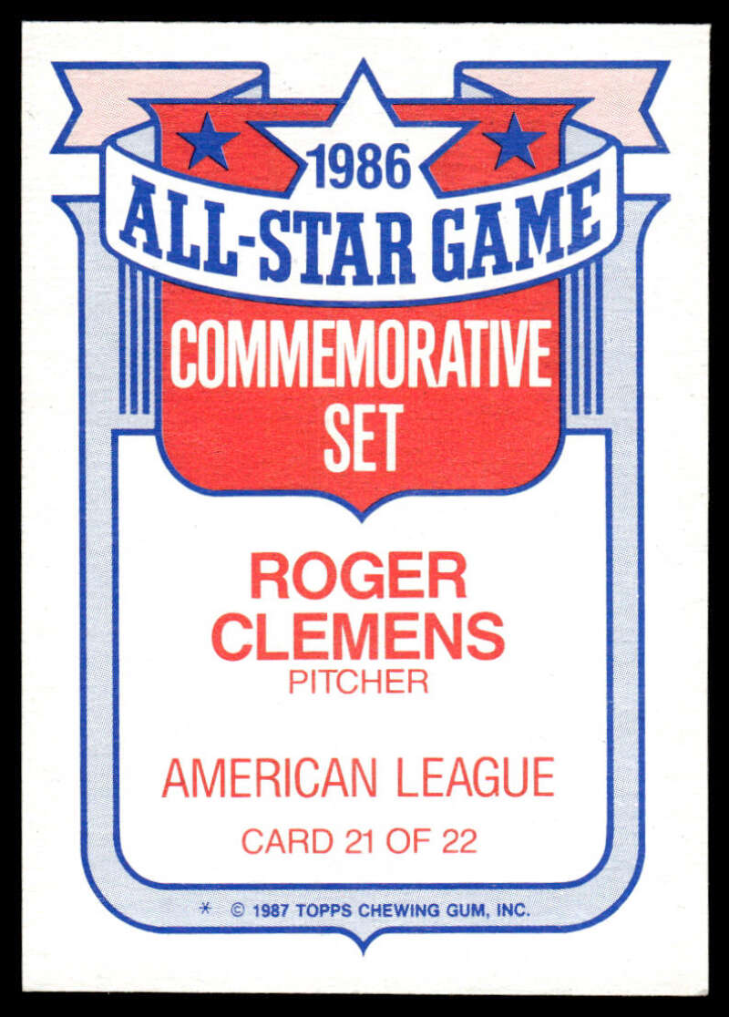 1986 All-Star Game Roger Clemens baseball card from Boston Red Sox 1987 Topps set