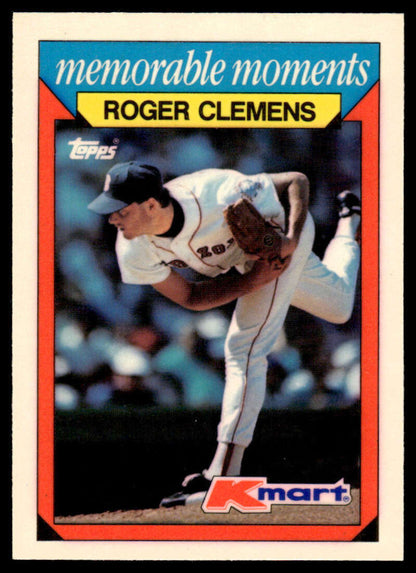 Baseball card of Roger Clemens in mid-delivery, showcasing memorable moments for Red Sox fans