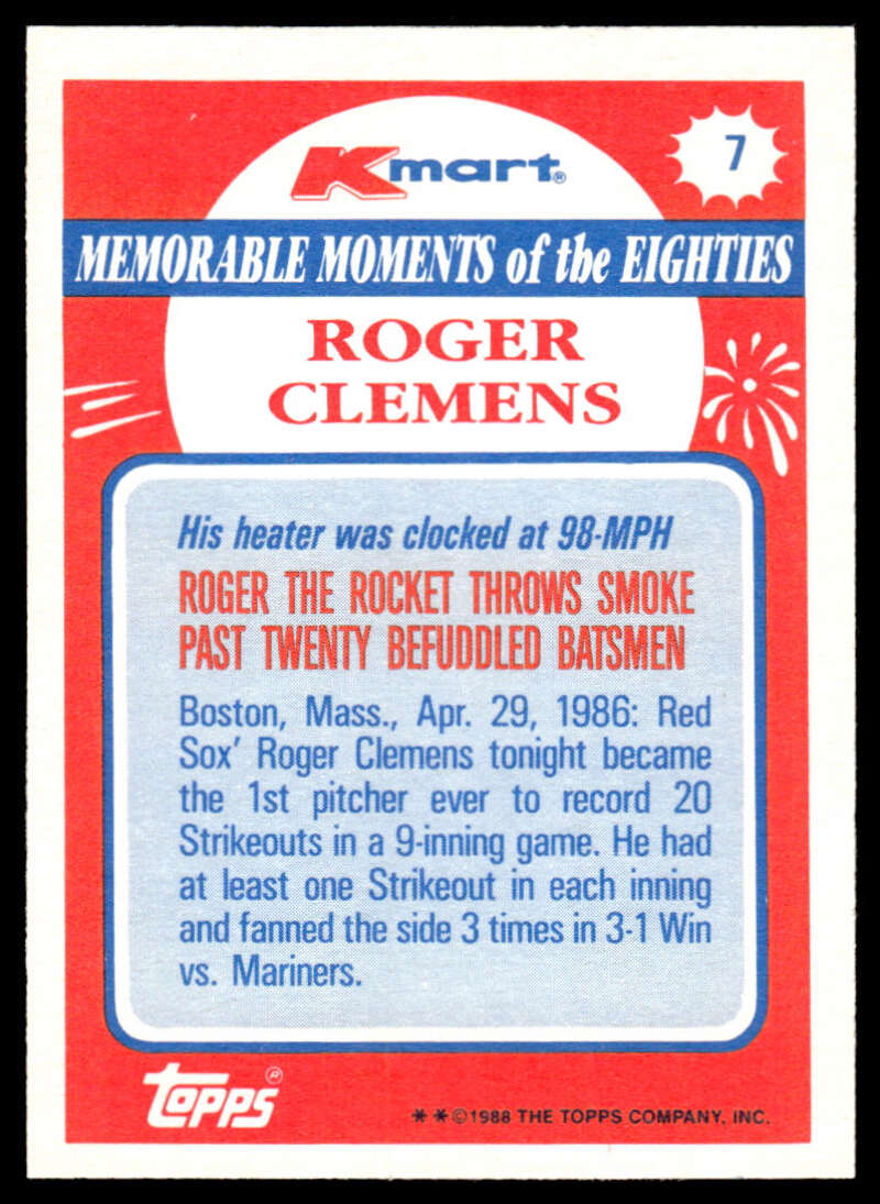 Baseball trading card of Roger Clemens from Kmart’s Memorable Moments series Red Sox