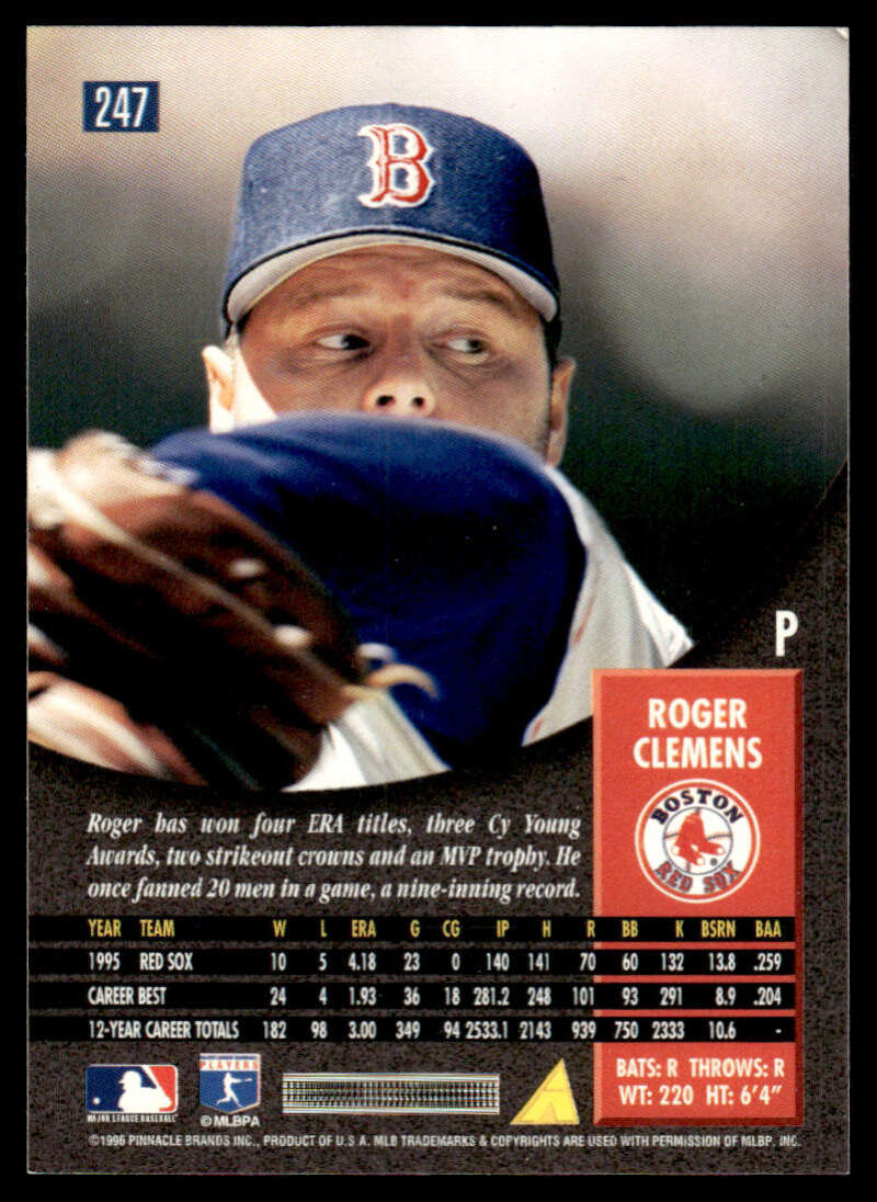 Roger Clemens peering over glove on 1996 Pinnacle Boston Red Sox baseball card