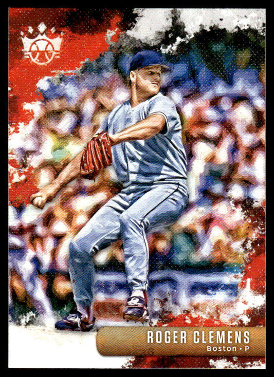 Baseball card of Roger Clemens in Boston Red Sox uniform mid-delivery