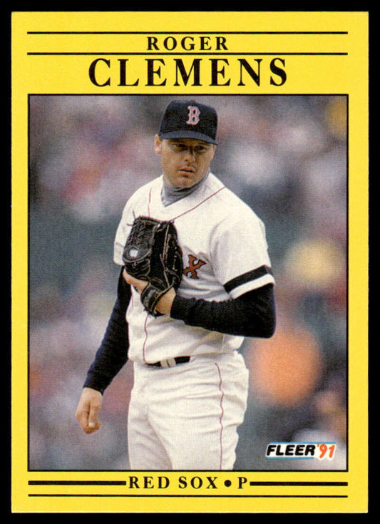 Roger Clemens Boston Red Sox baseball card in white home uniform with black undershirt