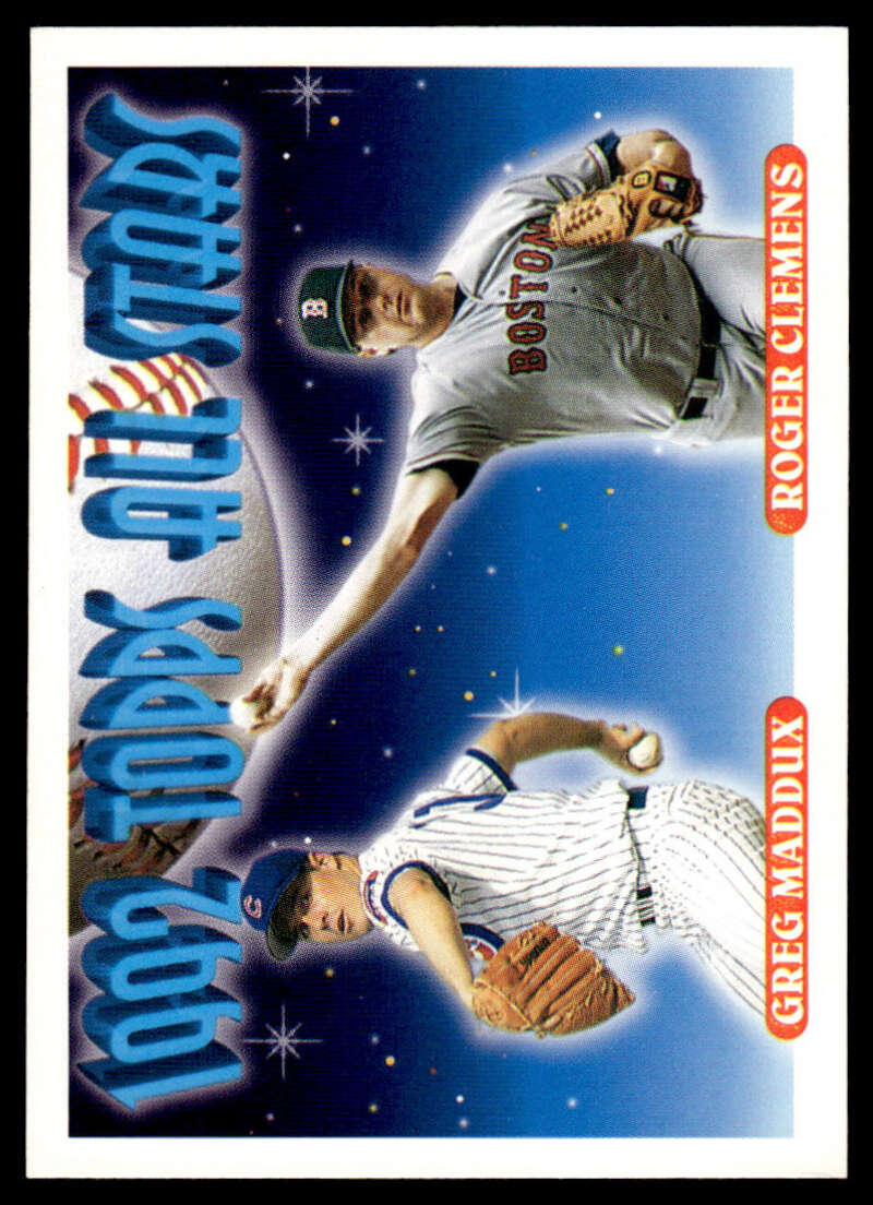 Baseball trading card of Greg Maddux and Roger Clemens with starry background