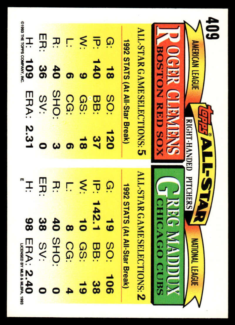 1993 Topps #409 Baseball Card featuring Greg Maddux and Roger Clemens for Chicago Cubs and Boston Red Sox