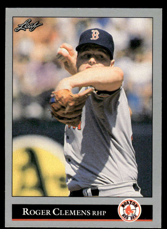 Baseball card of Roger Clemens in mid-throw for the Red Sox in gray uniform