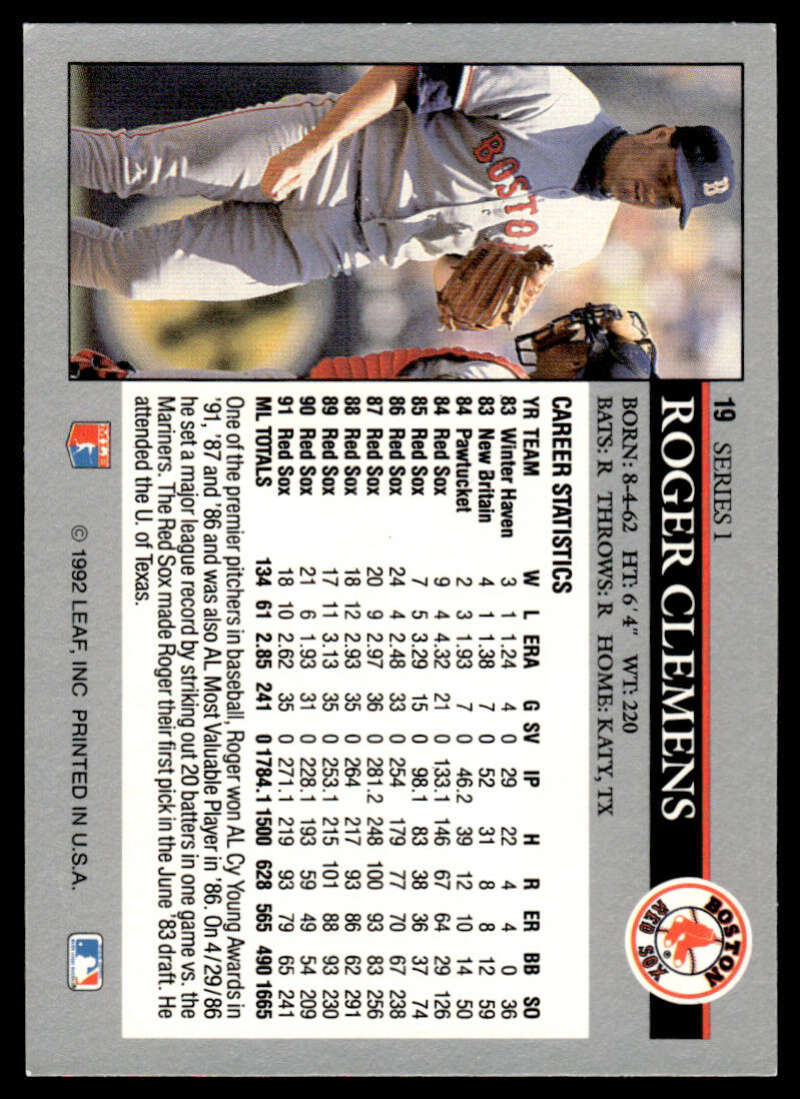 Baseball card featuring Roger Clemens statistics and pitching action for Red Sox fans